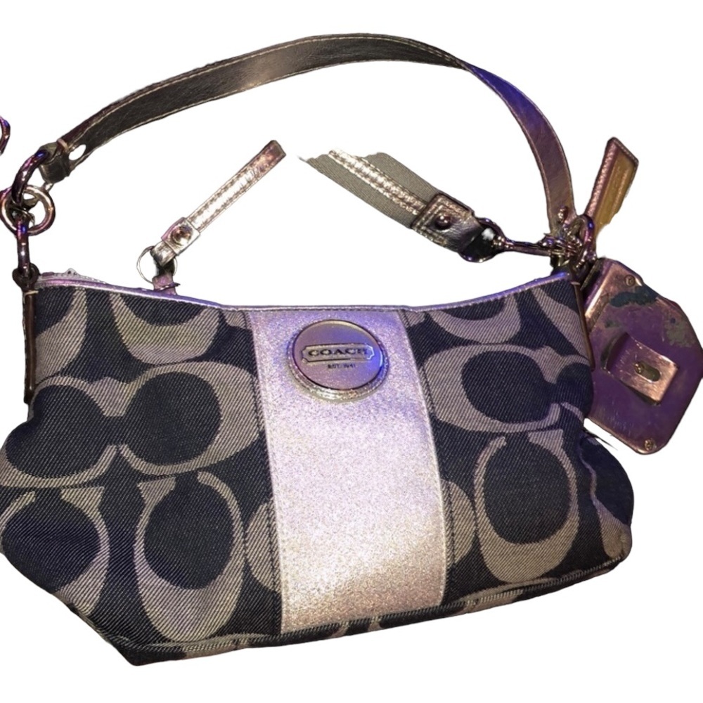 Coach Blue denim crossbody metallic silver leather strap & removable crossbody